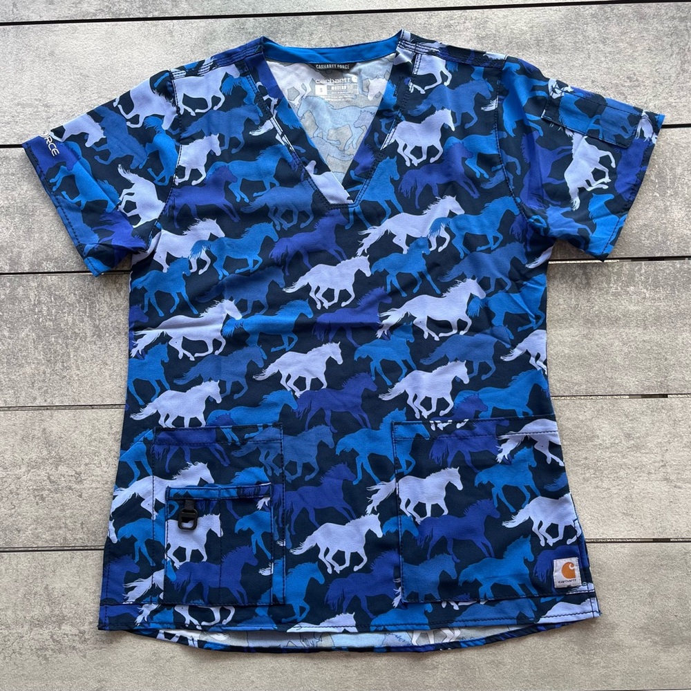 Carhartt Force Blue and Black Horse Print Scrubs top with stretch Small 36chest